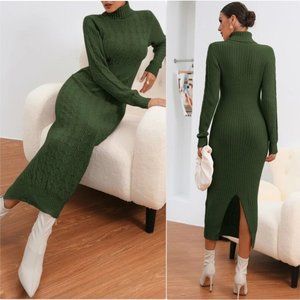 Dresses | Holiday Green Slit Back Cable Knit Sweater Dress | Poshmark Dresses | Holiday Green Slit Back Cable Knit Sweater Dress | Poshmark
